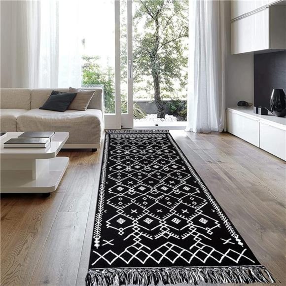 Upgraded Boho Runner Rug 2'x8', Hallway Runner Black White, 100% Woven Cotton - Picture 4 of 6